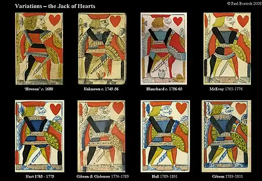 Variations sur le valet de cœur, cartes fabriquées en Angleterre entre 1680 et 1801.
