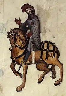 Enluminure montrant un chevalier sur sa monture