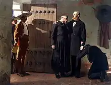 Peinture représentant le colonel Palacios et les sept hommes du peloton d’exécution qui viennent chercher Maximilien qui a revêtu sur un costume noir sa Toison d’or. Il fait ses adieux à son confesseur l’abbé Soria et s'apprête à quitter le couvent pour se rendre au lieu de l’exécution.
