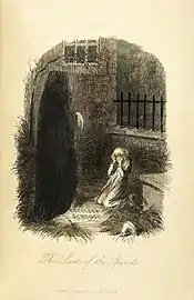 Scrooge et le fantôme des Noëls futurs, dans le conte de Charles Dickens Un chant de Noël..