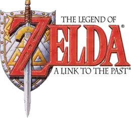 Zelda est inscrit en grosses lettres rouges. Derrière le Z, le bouclier et l'épée de Link sont représentés, cette dernière étant enlacée dans le Z. Le reste du titre est inscrit sur la droite en dessous et au-dessus du terme Zelda dans des petits caractères de couleur noire.