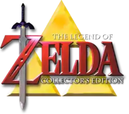 Zelda est inscrit en grosses lettres rouges. Derrière le Z, les trois triangles de la Triforce et l'épée de Link sont représentés, cette dernière étant enlacée dans le Z. Le reste du titre est inscrit sur la droite en dessous et au-dessus du terme Zelda dans des petits caractères de couleur blanche.