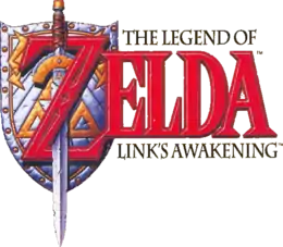 Zelda est inscrit en grosses lettres rouges. Derrière le Z, le bouclier et l'épée de Link sont représentés, cette dernière étant enlacée dans le Z. Le reste du titre est inscrit sur la droite en dessous et au-dessus du terme Zelda en petits caractères de couleur noire.