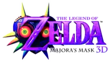 Zelda est inscrit en lettres violettes fluorescentes. Les mentions The Legend of Zelda et Majora's Mask 3D figurent en tout petit en dessus et en dessous. Sur la gauche en arrière-plan, figure une sorte de masque violet en forme de cœur, équipé de pointes, avec des yeux rouges et jaunes.