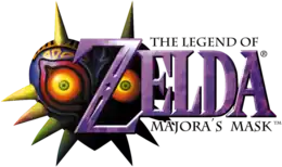 Zelda est inscrit en lettres violettes. Les mentions The Legend of Zelda et Majora's Mask figurent en tout petit en dessus et en dessous. Sur la gauche en arrière-plan, figure une sorte de masque violet en forme de cœur, équipé de pointes, avec des yeux rouges et jaunes.