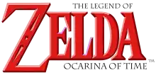 Zelda est inscrit en grosses lettres rouges. Le reste du titre Ocarina of Time est inscrit sur la droite en dessous et au-dessus du terme Zelda dans des petits caractères de couleur grise.