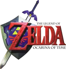 Logo de The Legend of Zelda: Ocarina of Time. Zelda est inscrit en rouge et en gros caractères devant un boulier et une épée. Au-dessus de Zelda est inscrit en tout petit Legend of et en dessous Ocarina of Time.