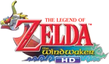 The Legend of Zelda: The Wind Waker est inscrit en rouge sur trois ligne, Zelda est inscrit en gros. En dessous figure la mention HD. En arrière plan figure un bateau.