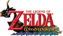 The Legend of Zelda: The Wind Waker est inscrit en rouge sur trois lignes, Zelda est inscrit en gros. En arrière, plan figure un bateau.