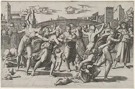 Le Massacre des innocents, gravure de Marcantonio Raimondi d'après un dessin de Raphaël.