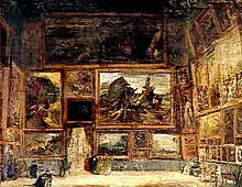 Tableau représentant un salon du musée du Louvre, où est exposé Le Radeau de La Méduse.