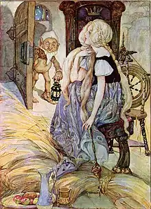 Le nain se glisse la nuit dans la pièce où la jeune fille du paysan est enfermée avec son rouet et de la paille.