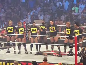 Photographie prise depuis les tribunes, lors de l'édition 2010 de SummerSlam. Les sept membres d'origine du Nexus (Sheffield, Gabriel, Otunga, Tarver, Barrett, Slater et Young) se tiennent debout sur le ring. Ils portent tous un T-shirt frappé du logo du groupe. À terre, inconscient, gît Kofi Kingston, un catcheur de la WWE.