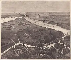 Gravure de 1887 montrant une vue d'artiste de l'ensemble de l'aqueduc, vu du nord.