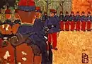 Peinture avec personnages en uniformes colorés, les uns alignés au fond, les autres de dos au premier plan.