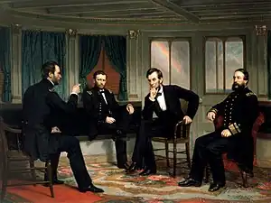 Peinture d'un salon bourgeois où discutent quatre hommes dont trois en uniformes militaires