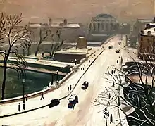 Peinture montrant du dessus un grand pont enneigé avec quelques voitures, et autour des bâtiments dans une atmosphère voilée