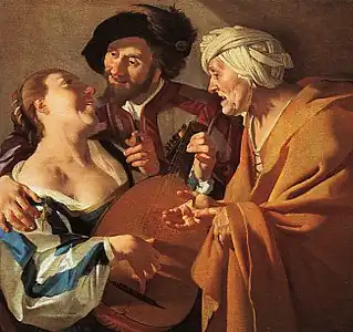 Dirck Van Baburen, L'Entremetteuse, 1622 (Museum of Fine Arts, Boston - Massachusetts). – Les attitudes et les gestes des personnages, comme dans le tableau du Caravage, sont mis en relief et signifiants ; ils sont les éléments clés d'une intrigue.