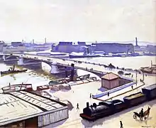 Peinture dans des tons très clairs montrant un premier plan avec train et hangars, un pont enjambant un fleuve, et au fond des bâtiments flous