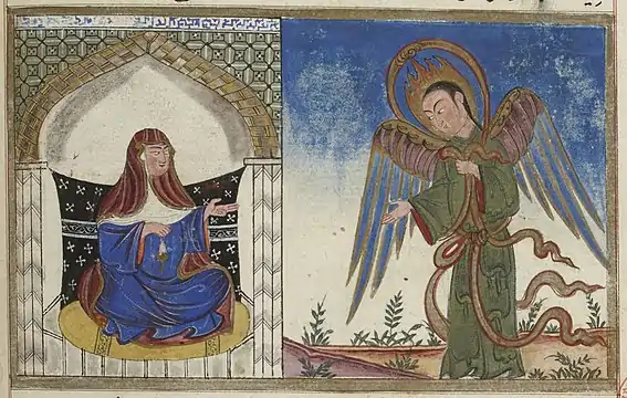 Peinture. Marie est assise en tailleur dans une pièce ; Gabriel arrive à droite à l'extérieur.