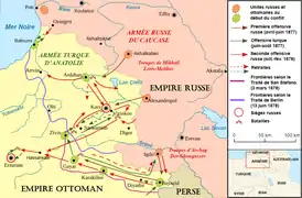 Carte de l'est de la Turquie et du Caucase montrant des mouvements de troupes.
