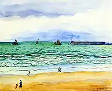 Aquarelle montrant au premier plan une plage de sable avec promeneurs, puis la mer avec des vaguelettes au bord, une digue et des voiliers, sous un ciel nuageux