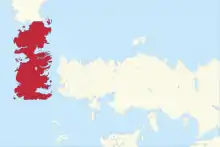 Le Royaume des Sept Couronnes en rouge sur le continent de Westeros à l'ouest sur la carte.
