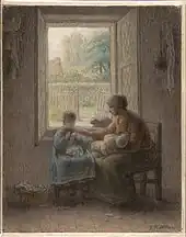 La leçon de couture, vers 1860, fusain et pastel, 38 × 31 cm, Crocker Art Museum.