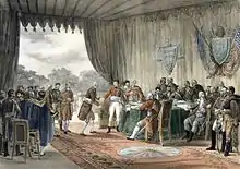 Peinture à l'huile montrant des personnes réunies dans un grand salon pour la signature d'un traité.