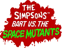 The Simpsons: Bart vs. the Space Mutants est inscrit en lettres blanches sur quatre lignes, Space Mutants es técrit en vert fluo. L'inscription est placée sur un fond représentant une tache de sang rouge.