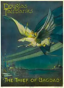 Affiche montrant le nom de Douglas Fairbanks, avec un cavalier arabe sur le dos d'un cheval ailé blanc qui s'élance dans les airs