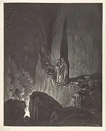 Dessin ; deux hommes en toge sur une passerelle rocheuse à pic ; en bas volutes enflammées