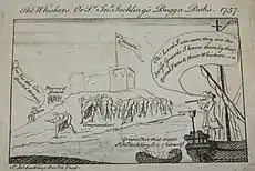 Caricature anglaise se moquant du général Mordaunt tenu pour responsable de l’échec de l’expédition.