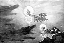 Dessin en noir et blanc montrant deux chars poursuivis par des loups.