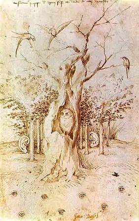 Dessin au crayon représentant une chouette nichée dans le trou dans un arbre.
