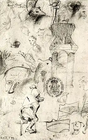 Divers croquis et un mendiant, dessin à la plume et encre marron sur papier (20,2 × 12,7 cm), Kupferstichkabinett Berlin.