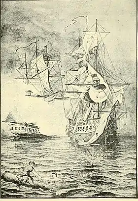 Gravue en noir et blanc représentant deux navires et deux hommes à la mer.