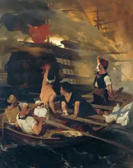 tableau d'un navire en feu et d'hommes sur une embarcation au premier plan.