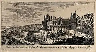 Vue du château de Meudon, vers 1600. En réalité, le village de Meudon était accolé au mur de clôture.