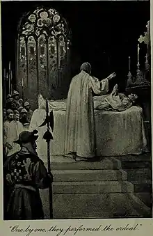 Dans une église, près de l'autel, un mort repose, mains jointes. Un homme se tient debout près de lui, main levée, tandis que d'autres attendent, encadrés par des soldats en armes.