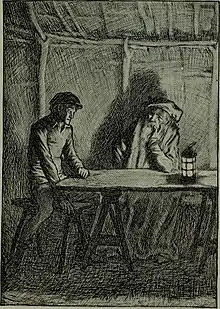 Vieillard barbu assis à une table à l'intérieur d'une hutte. Un jeune homme s'assied près de lui. Une lanterne est posée sur la table.