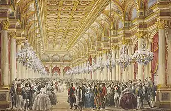 Max Berthelin, La Salle des fêtes de l'hôtel de ville de Paris lors de la visite de la reine Victoria le 23 août 1855.