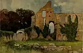 Peinture représentant des vestiges de bâtiment médiéval en pierre.