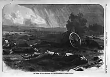 Gravure en noir et blanc présentant, sous une forte pluie, les cadavres épars du champ de bataille, un chariot détruit.