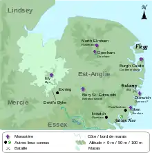 Carte topographique de l'Est-Anglie avec quelques lieux importants.