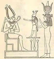 Osiris, dieu du vin et de la fertilité en compagnie de sa sœur-épouse Isis et de Horus.