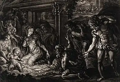 The Nocturnal Adoration of the shepherds (1723) d'après Perin del Vaga, exprime ici un clair-obscur prononcé.