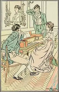 Illustration en couleurs. Elizabeth assise au piano, entre Darcy, debout, et le colonel, assis