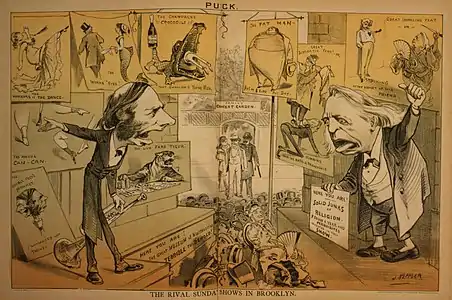 Attractions dominicales rivales à Brooklyn. Caricature des pasteurs Talmage et Beecher par Joseph Ferdinand Keppler (Puck, 23 octobre 1878).