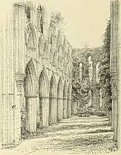 Dessin au crayon représentant les ruines d'une abbatiale gothique, vues de l'intérieur.